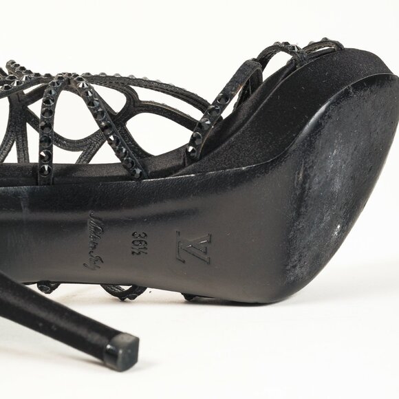 Louis Vuitton Tisha Crystal Studded Black Satin Cage Strap Heel Platform Sandal - Picture 5 of 10